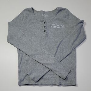 Y2K Hollister Gray Ribbed  Long Sleeve Henley 3 Button Top
